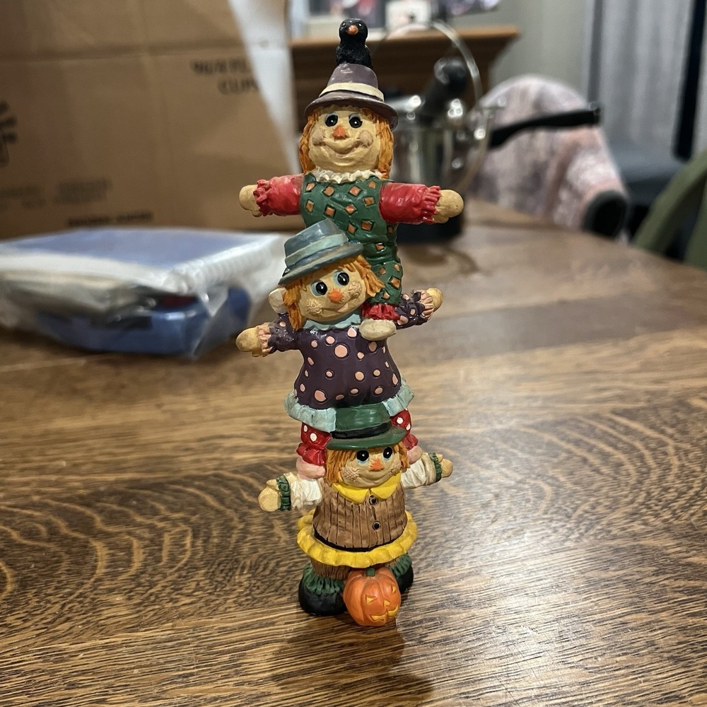 Halloween Totem Figurines 3 Scarecrowā Clown Straw Dolls Crow Pumpkin 6.75" Tall